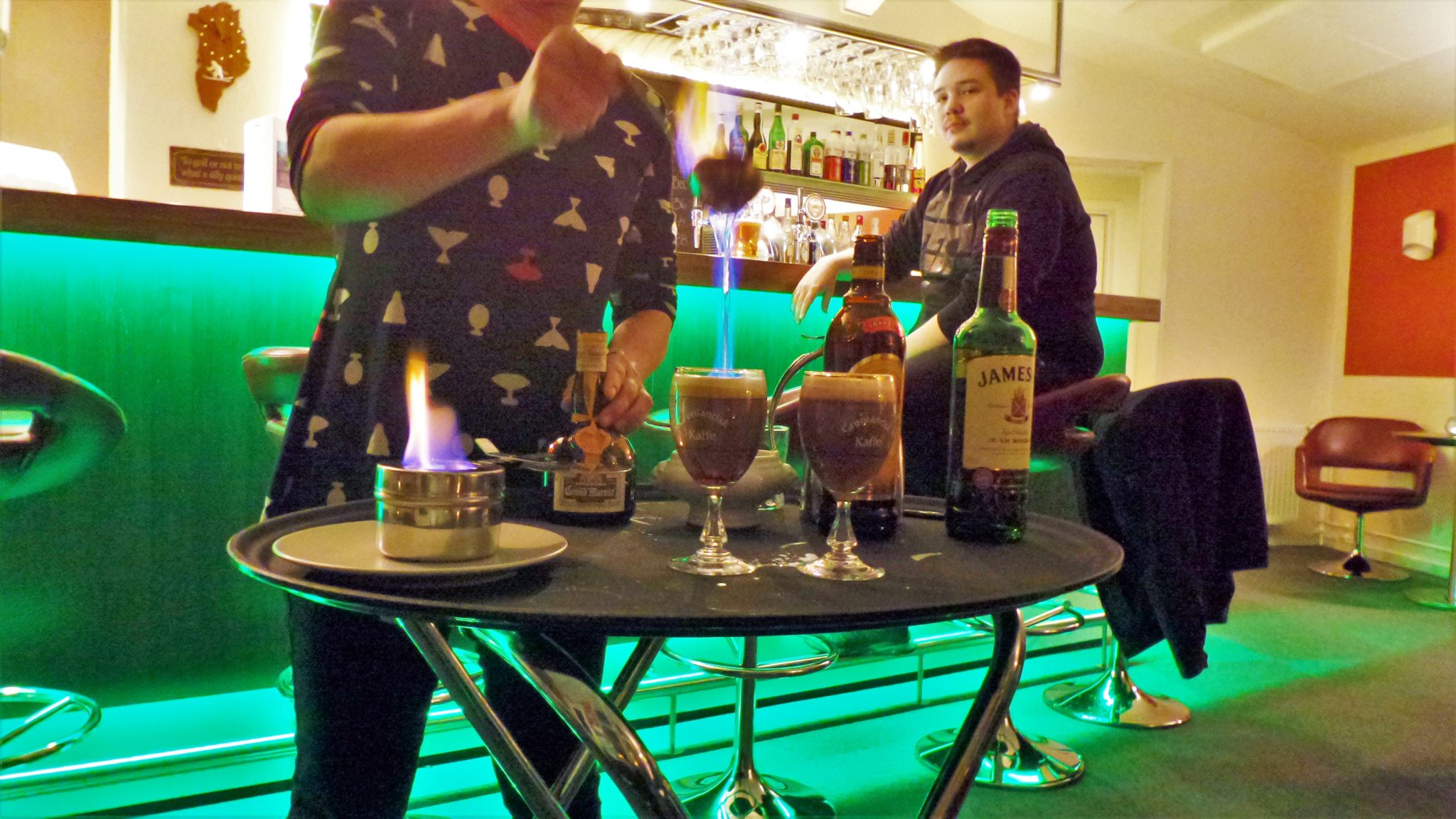 A burning line of Cointreau as it is set alight as the final step of Greenlandic Coffee