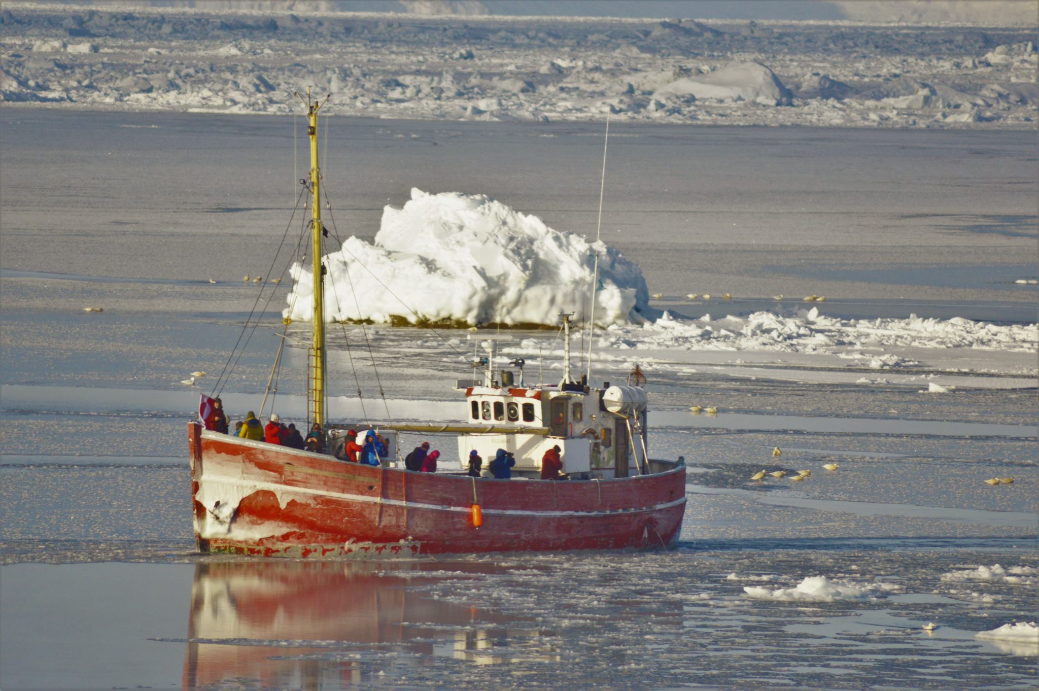 Picture of a boat sailing through the Ilulissat Ice Fjord in Greenland