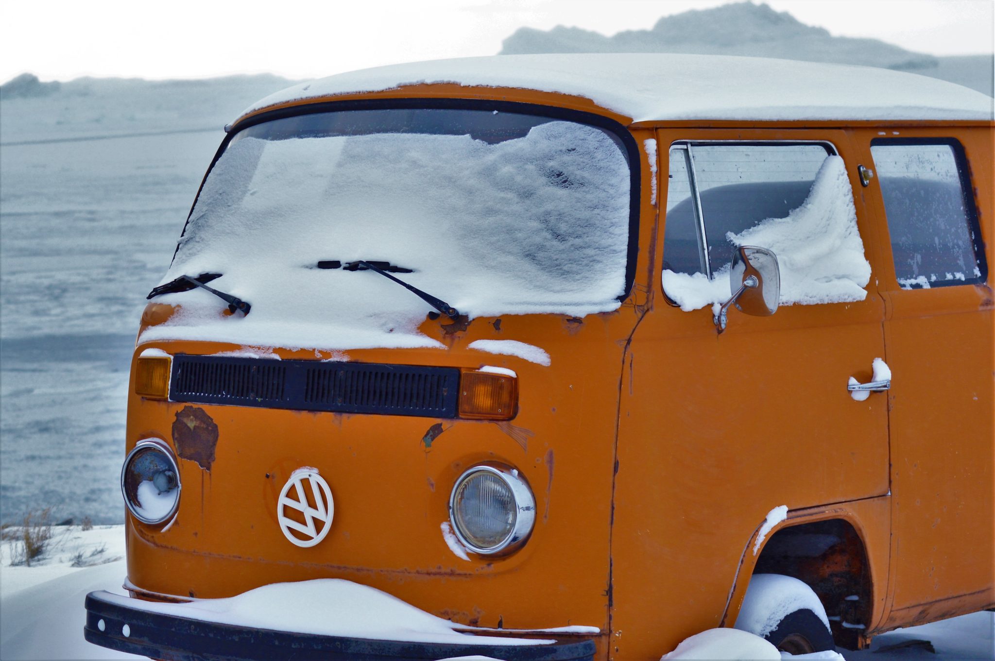 VW campervan in snow in Ilulissat, Greenland