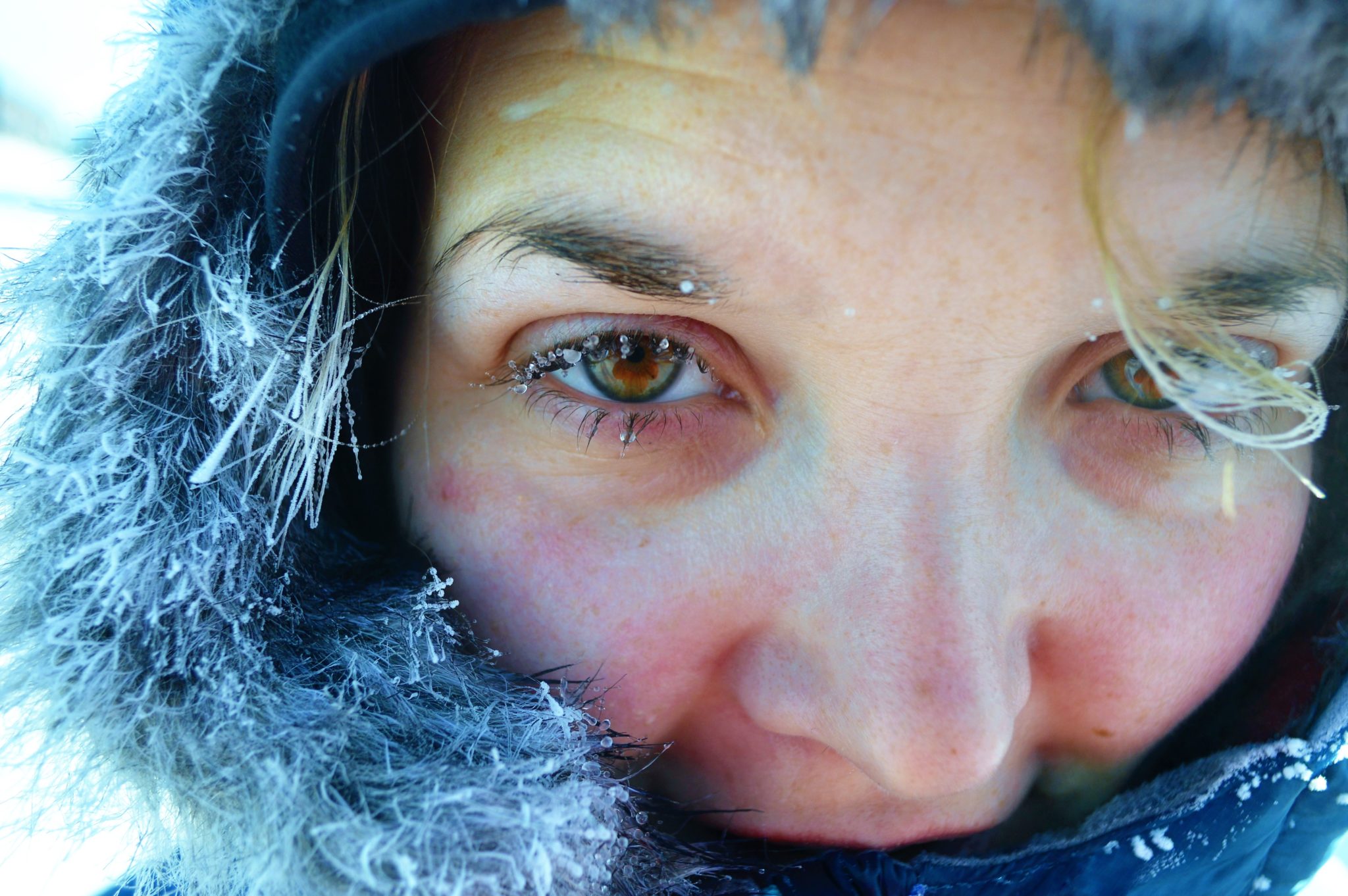 Frozen eyelashes and hair in the freezing Greenland
