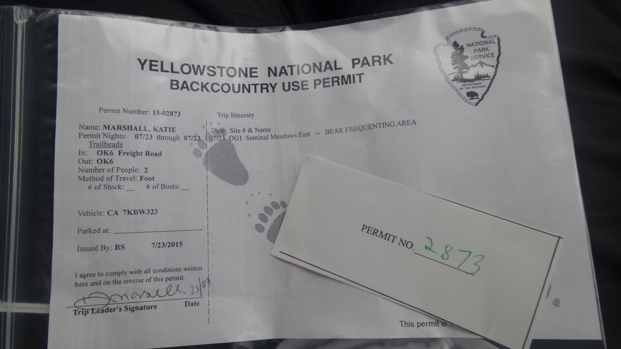 Backcountry camping permit, Yellowstone National Park