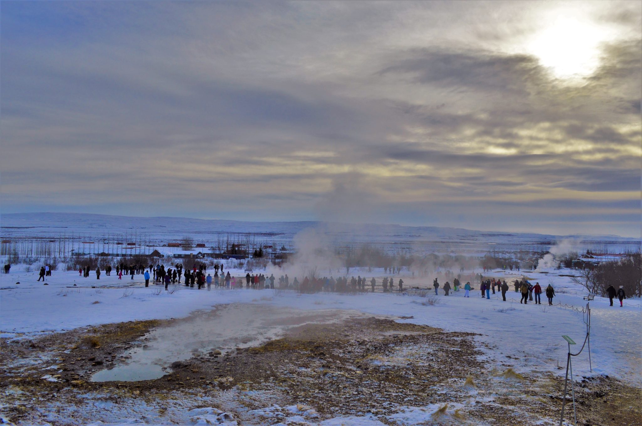Haukadalur valley geysirs and hot springs with tourist walkways