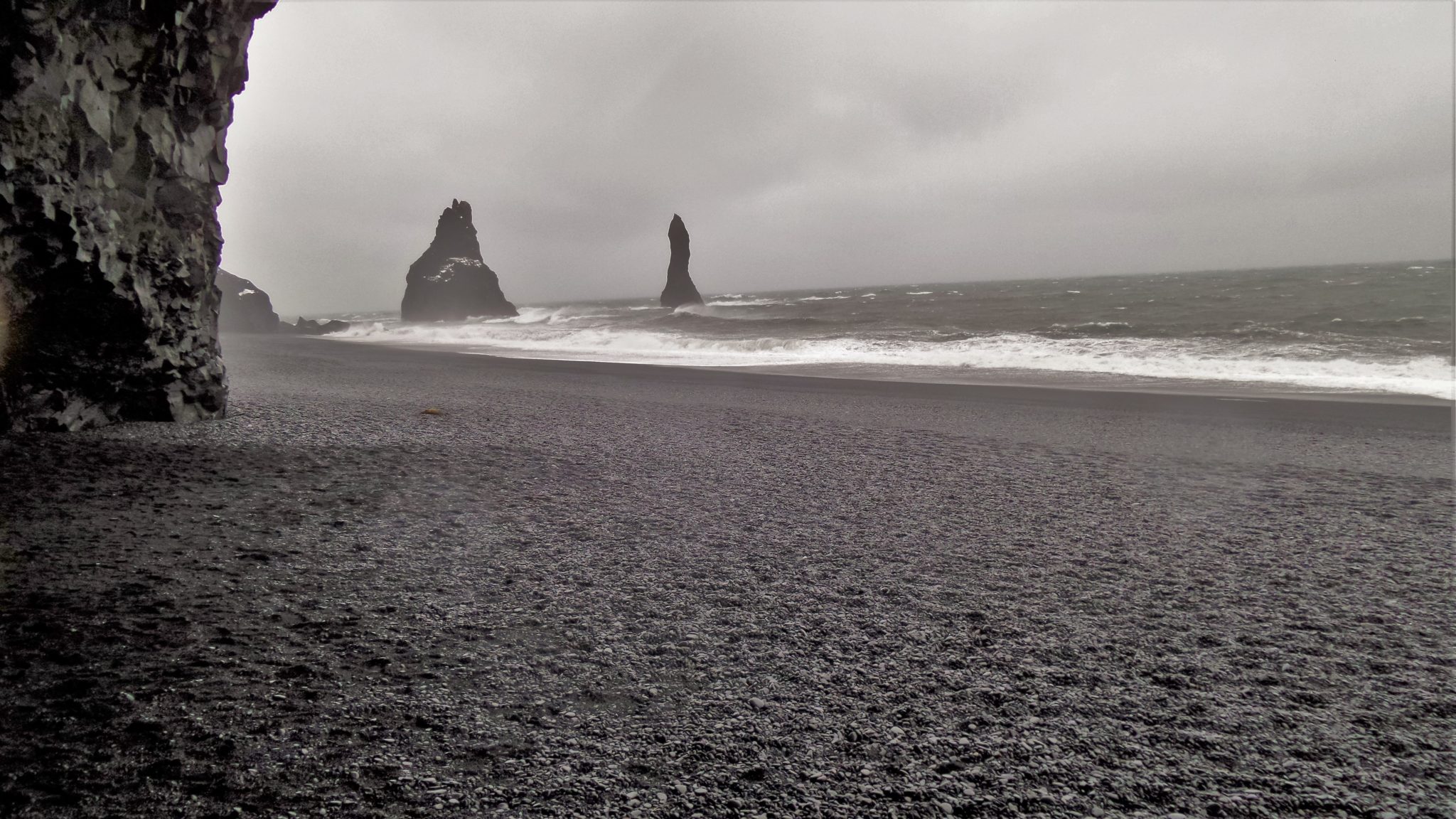 Reynisfjara Halsanefshellir, black rock pillars at sea, Iceland