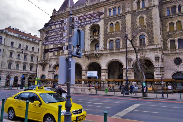 Andrassey tourist signs and taxi, Budapest, Hungary