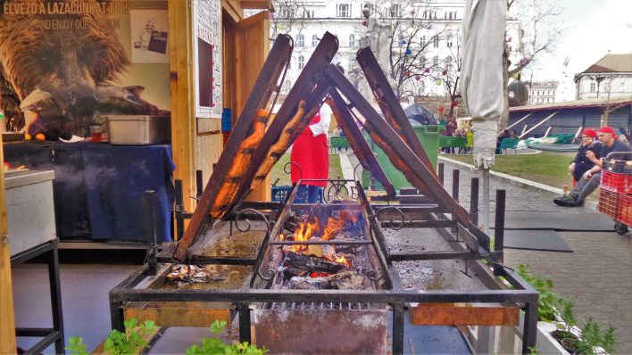 Roasted salmon, Easter Market stall, Budapest, Hungary, Europe