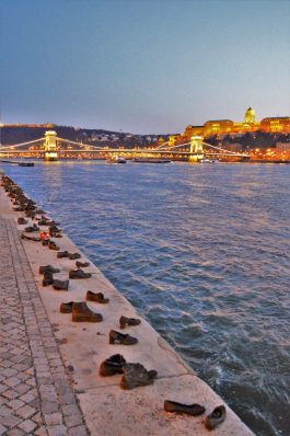 Shoe memorial portrait, Danube River, Budapest, Hungary, Europe