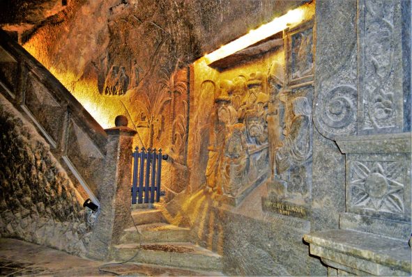 Wall carvings at the Chapel of St. Kinga, Wieliczka Salt Mine, Krakow, Poland