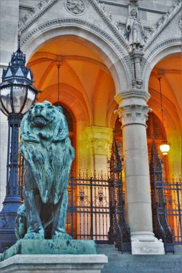 Lion statue, Hungarian Parliament Building, Budapest, Hungary
