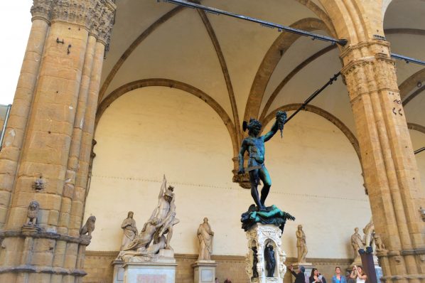 Palazzo Vecchio statues and tourists, Florence, Italy